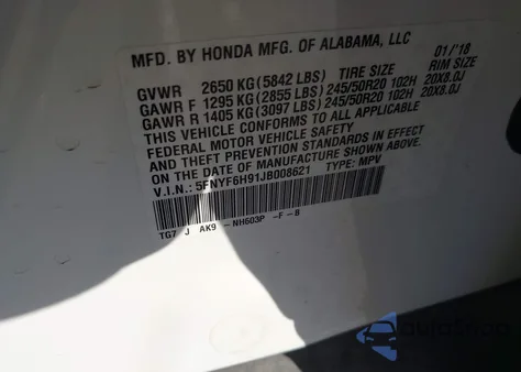 2018 Honda Pilot Touring z USA, uszkodzony, nr VIN 5FNYF6H91JB008621
